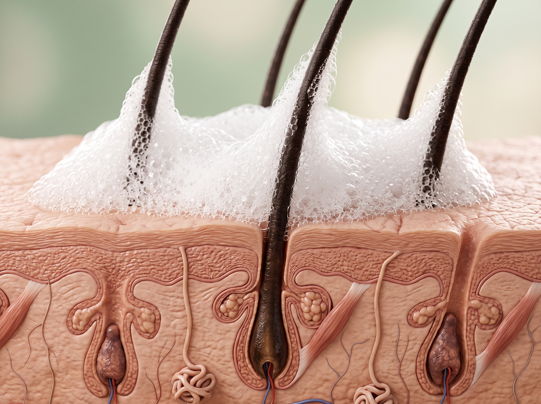 Foam surrounding hairs above the skin