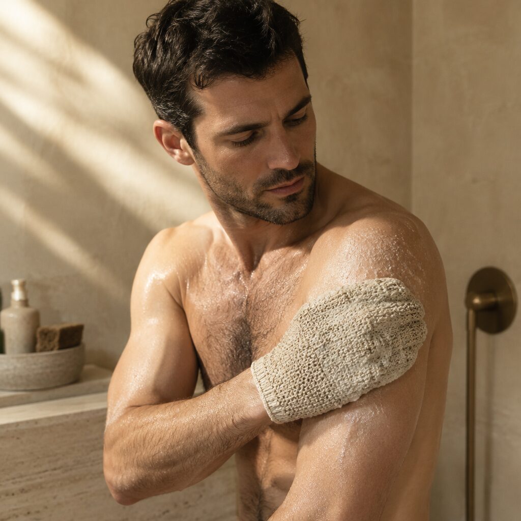 Man using an exfoliating mitt on his shoulder